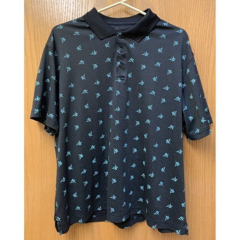 Haggar Mens L Golf Shirt Short  Sleeve Black  Dot And Swordfish Fabric 3‎ Button